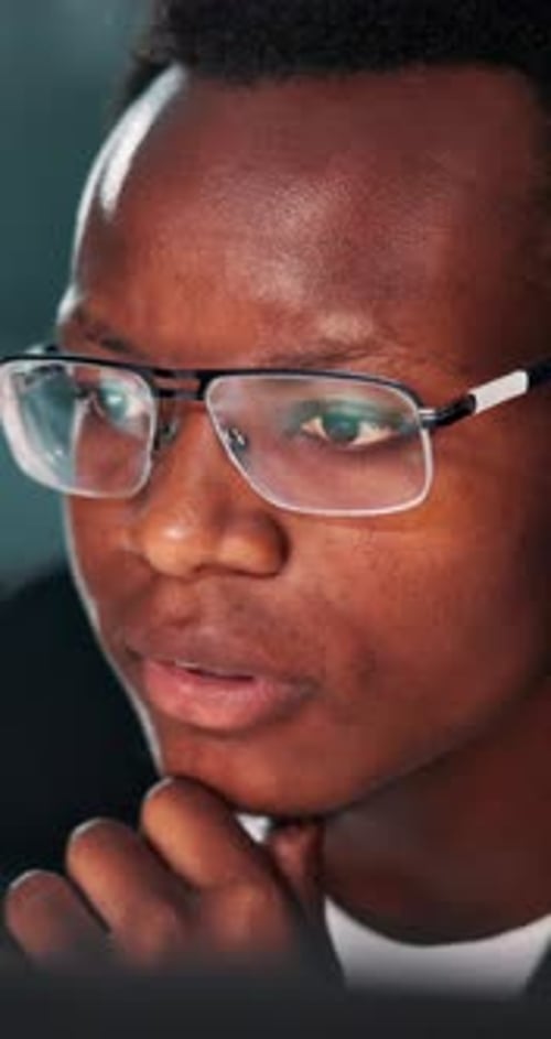 Black man, thinking and night with software developer for AI control, system check