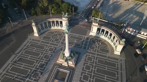 Millennium Monument in Heroes Square. Budapest, Hungary. Drone Shot