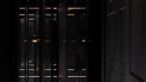 Black classic doors opening background . Animation 3D render alpha channel.
