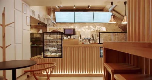 Wooden counter for receiving customers.Modern restaurant cafe in wooden interior