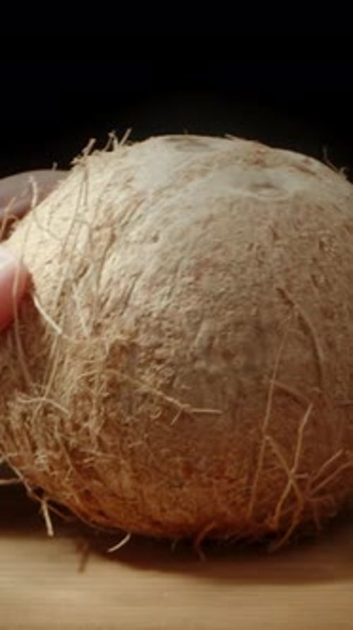 Vertical video. I Place a Whole Hairy Coconut on the Table under Sunrays, Close-Up.