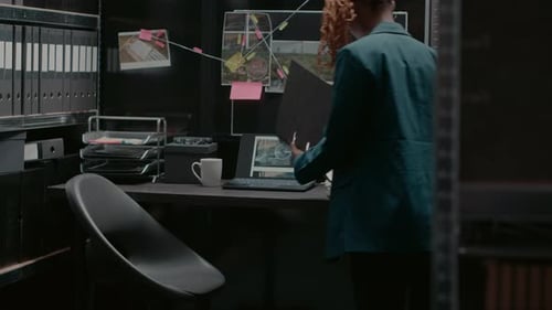 Serious Detective Reviews Case Files in Dark Office