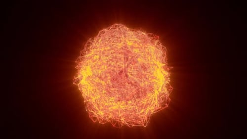 Fiery orange digital sphere emitting bright energy waves with glowing particle connections