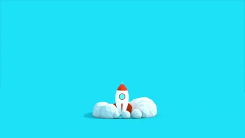 Colorful Animated Spaceship Taking Off. 3d Cartoon Space Rocket On Blue Background. Isolated Cont...