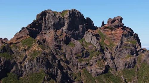 Drone Orbits Above Mountain Peak on Pico do Arieiro to Pico Ruivo Hike. Madeira, Portugal