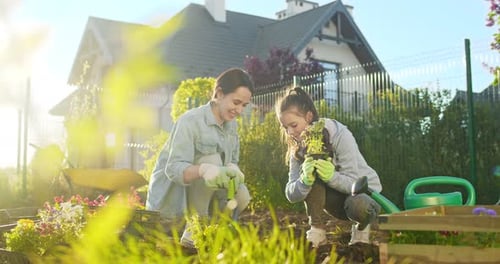 Mother and Daughter Gardening Together on a Sunny Day