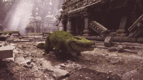 Un crocodile se promène dans d'anciennes ruines dans un décor de jungle brumeuse
