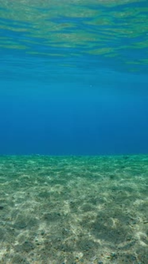 Fondo arenoso y pedregoso bajo la superficie del agua azul en un día brillante y soleado