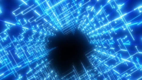 Abstract glowing tunnel of blue light forming a digital matrix with geometric luminous lines
