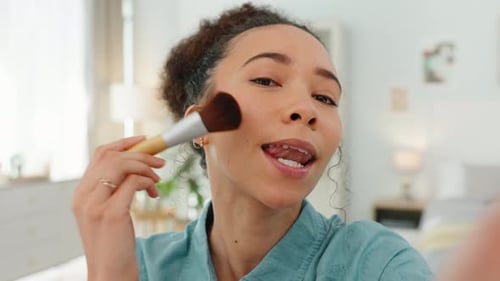 Makeup, video and face of woman in her home for social media, content creation