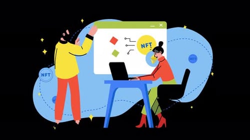 Illustration des NFT-Konzepts mit zwei Charakteren an einem Computer