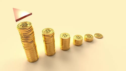 Bitcoin Golden Coins Stacks Decline Chart with Red Arrow