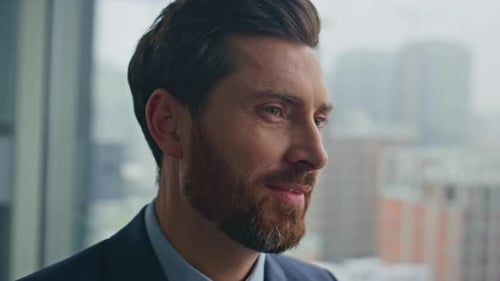 Ceo Face Thinking Future Career Drinking Coffee at Cityscape View Closeup