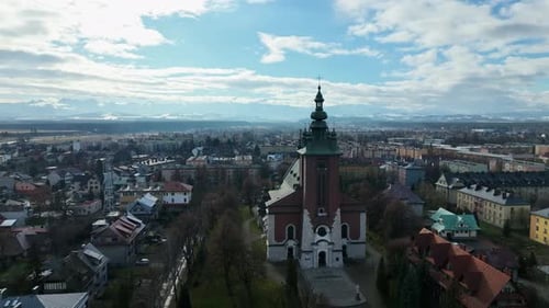 Aerial view of the church in Nowy Targ, Poland
