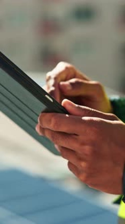 Tablet, solar panel and scroll with hands of person in city for renewable energy
