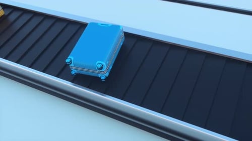 Luggage's moving on Airport Conveyor Belt, overhead view. Suitcases of different colors