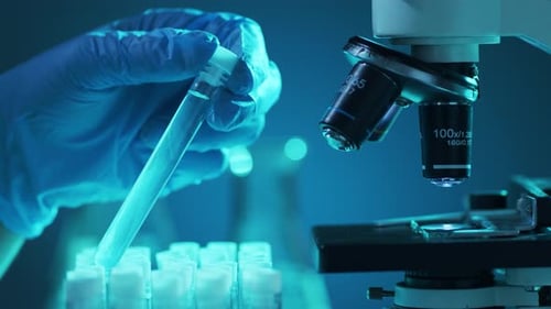 Closeup of Scientific Microscope Laboratory in Hospital Epidemic Disease Healthcare Vaccine Research