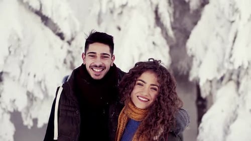 Winter Couple Snow Forest Walk