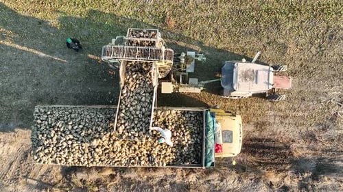 Aerial View of Farm Equipment Harvesting Crops