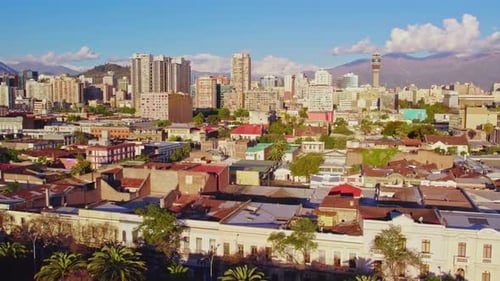 Aerial establishing shot of a Brazillian neighborhood near downtown Santiago