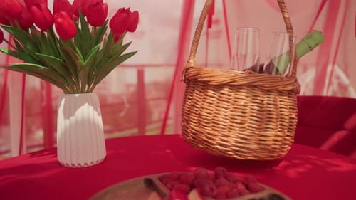 Romantic picnic with red tulips and champagne