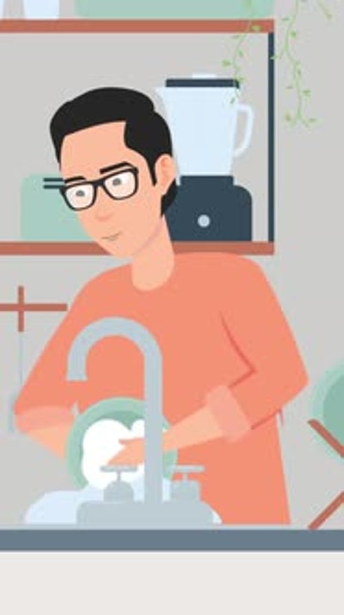 A Man Washes The Dishes Vertical