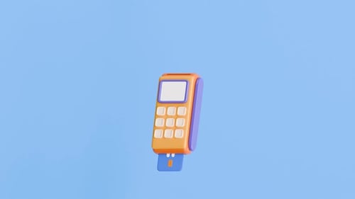 Card Swipe Payment Terminal Animation: NFC, POS and Credit Card on Blue Background in Cartoon Style.