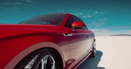 Red Sports Car Driving Fast on Salt Flats