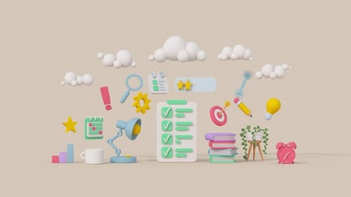 Work and study concept. Cute minimal cartoony design. 3D render animation