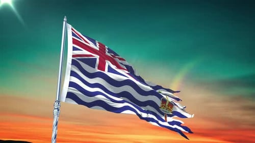 Realistic British Indian Ocean Territory Flag Waving at Sunset Loop