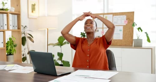 Relax, happy and black woman in office with finished project goals, achievement