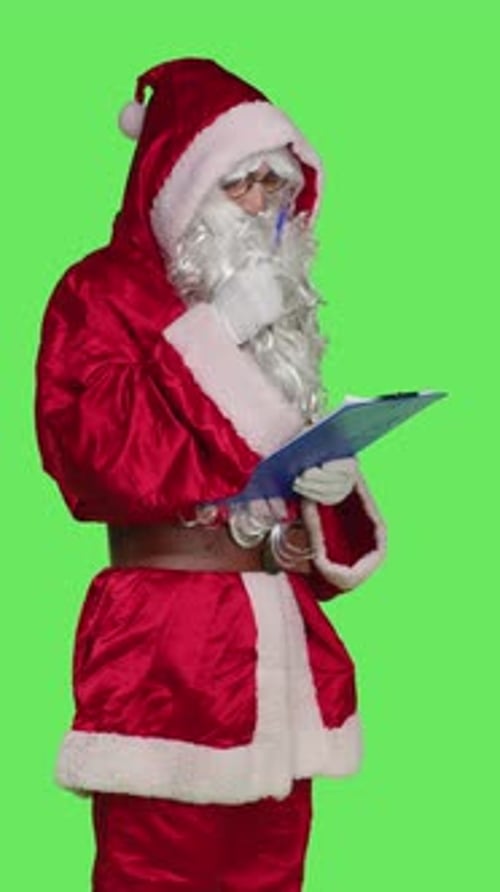 Vertical Video Side View of Adult in Saint Nick Costume Using Papers