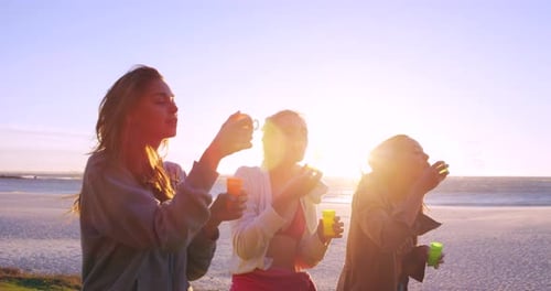 4k video footage of a group of friends blowing bubbles on the beach at sunset
