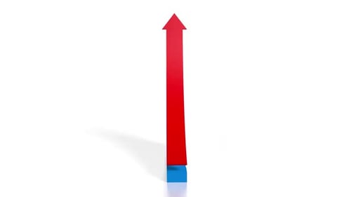 3D Bar Graph with Upward Arrow and Downward Trend