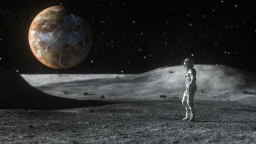 An Astronaut in Detailed Space Attire Stands on a Lunar Surface Observing the Stunning View of a