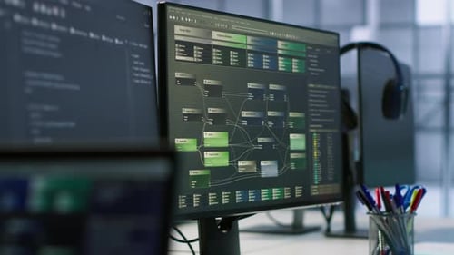PC-Bildschirme auf dem Server Hub-Bürotisch mit Nahaufnahme der Programmiersoftware