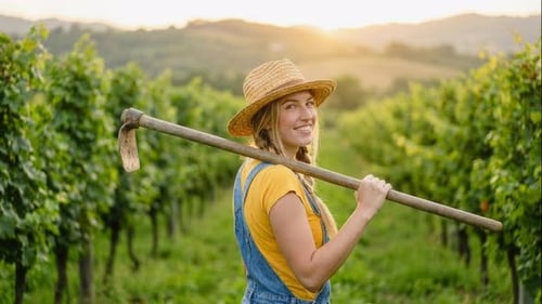 Femme vigneronne blanche portant une houe dans un vignoble au coucher du soleil