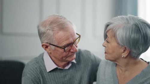 Senior Sad Couple Has Life Problems Husband Supporting Hugging Wife Old Man Calming Woman Cuddling