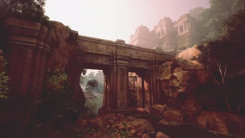 Painting of Stone Bridge Amidst Lush Forest