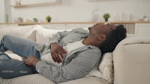 Daytime Sleep Young Adult African Man Relaxing on Sofa in Apartment Take a Nap Relaxation in