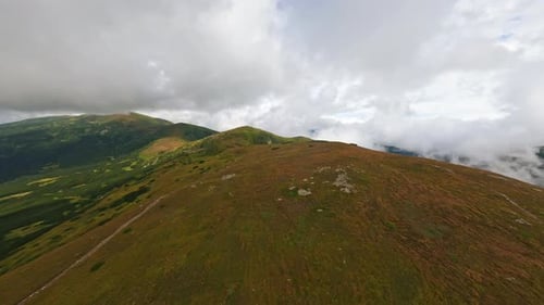 Aerial View Flight Over the Mountains Ukrainian Carpathians Beautiful Landscape Cloudy Sky