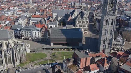 Flying between The Belfry and St. Nicholas Church in Ghent Belgium
