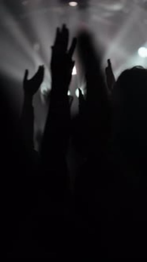 Silhouetted Crowd Raising Hands at Night Event