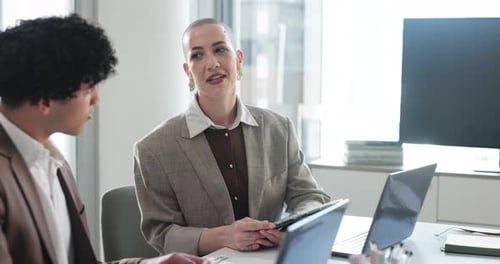 Tablet, meeting and business people with documents in office for finance review