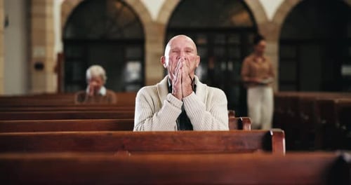 Service, prayer and senior man in church with faith, gratitude and spiritual respect in meditation