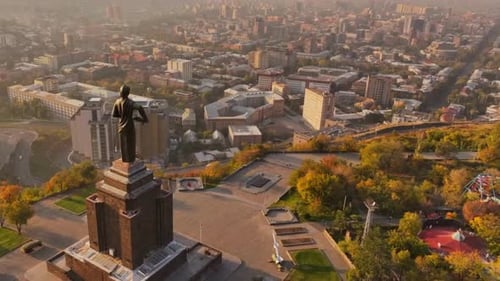 Aerial View Of Yerevan Cityscape And Statue, Armenia