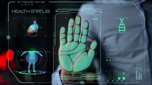 Man scans hand for futuristic health analysis
