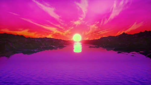 Animation rétro des années 1980 avec rochers, rivière, soleil et rose cyberpunk