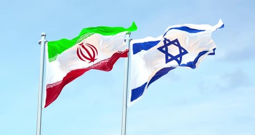 Iran and Israel National Flags Waving on Flagpoles