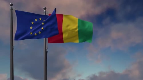 Bandeira da Guiné acenando junto com a bandeira da União Europeia - 4K